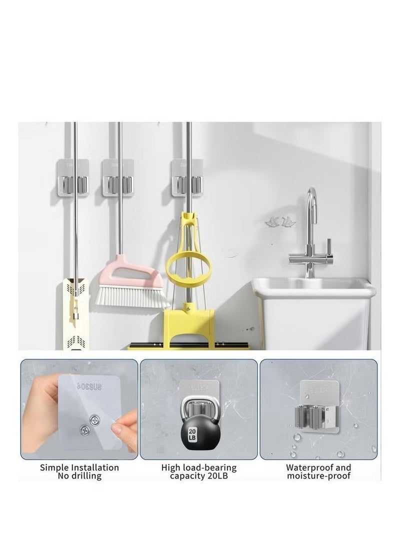 4-piece broom and mop rack, suitable for broom and mop handles, toilet brushes, etc., with stainless steel mop hooks. Wall-mounted multifunctional rack, comes with 3M double-sided tape, easy to install. - Image 4